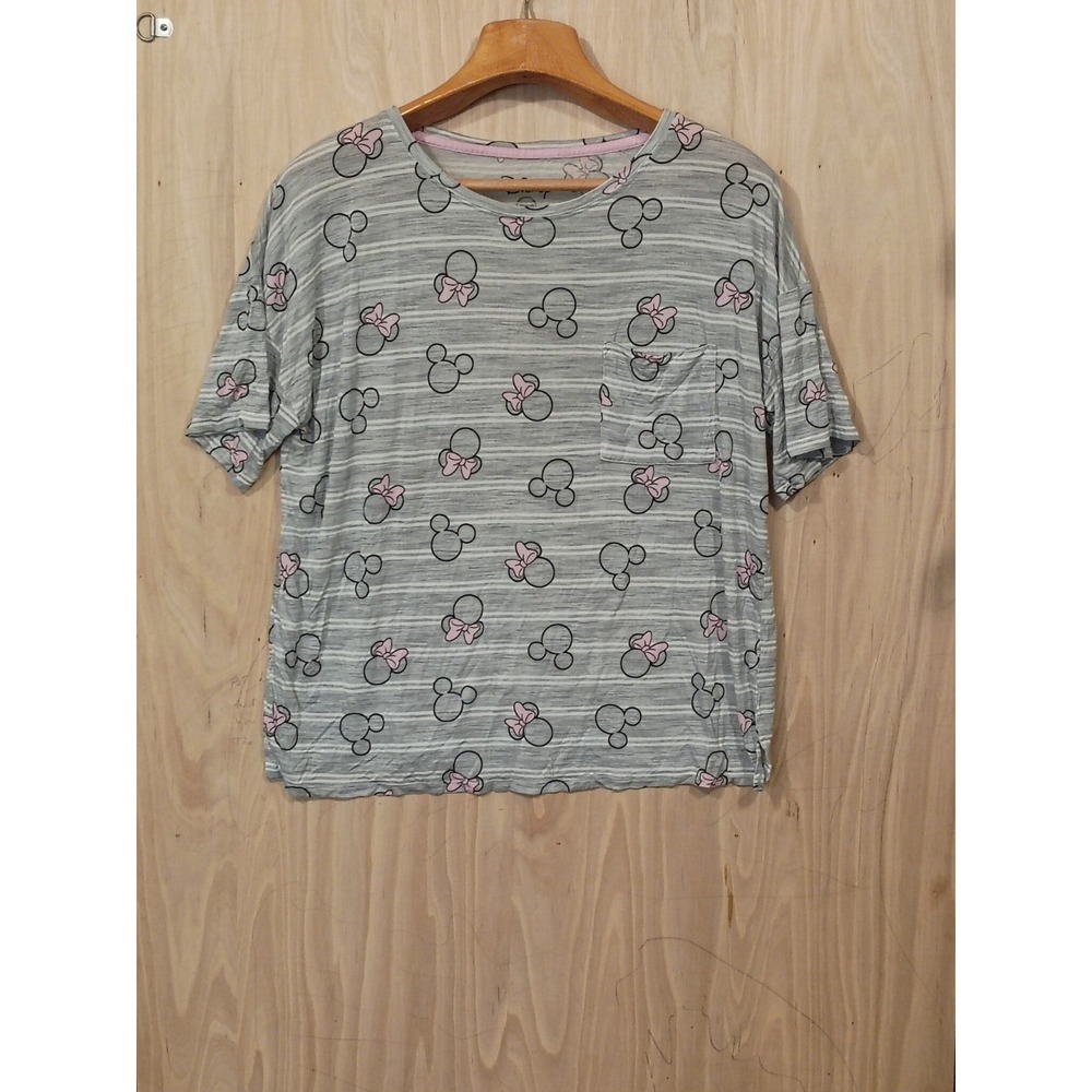 Disney Minnie Mouse T-shirt Women's M Gray Stripe w/ Mickey Heads Pocket Rayon M